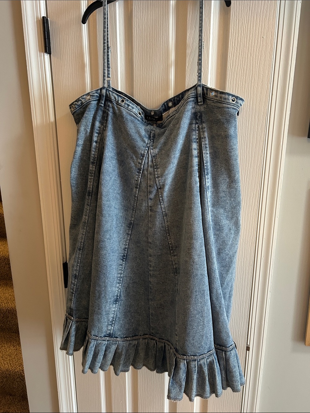 AKIRA Light Wash Blue Denim Midi Skirt with Ruffle Hem - Brand New